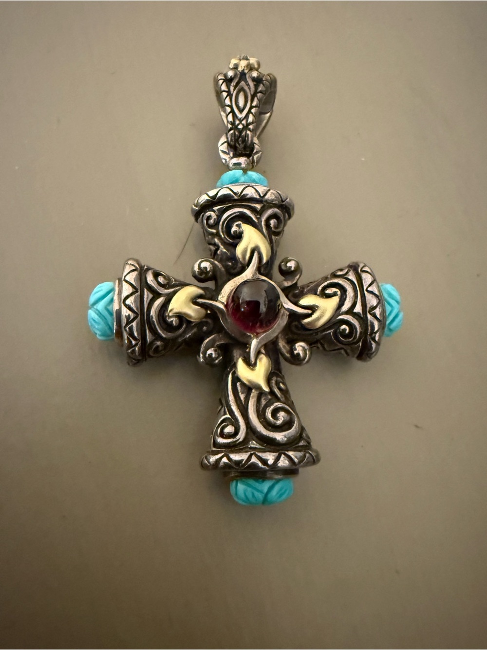 Barbara Bixby Sterling & 18K Turquoise Garnet Cross Pendant Enhancer EUC HTF